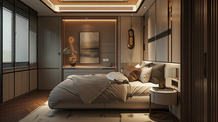 Elegant bedroom design featuring warm lighting and contemporary furniture.