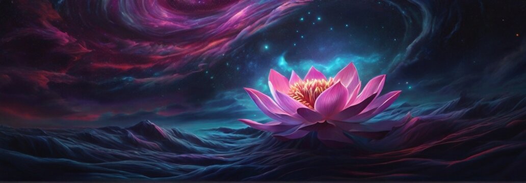 Beautiful bright pink flower in the middle of the universe and abstract shapes.