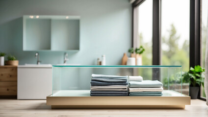 glass podium with blurred background of modern laundry room