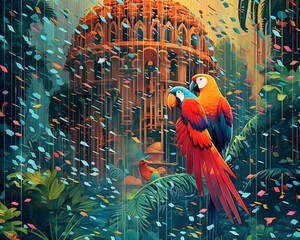 an intricate and detailed geometric quantum algorithmic design of parrots and other tropical animals in a lush jungle with light rain and waterfalls by Salvador Dali using algorithmic geometry and do