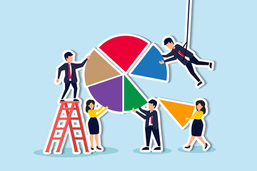 Employee participation, partnership or collaboration to success, teamwork or team effort for business development, statistic or analytics concept, business people colleagues help building pie chart.
