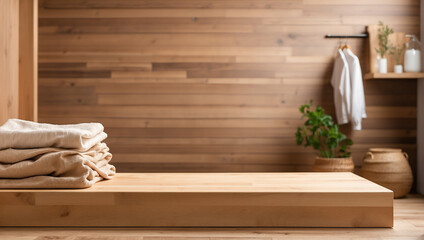 wooden podium for product presentation with blurry laundry room background. backdrop with copy space - obrazy, fototapety, plakaty