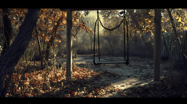 A forgotten playground with an abandoned swing