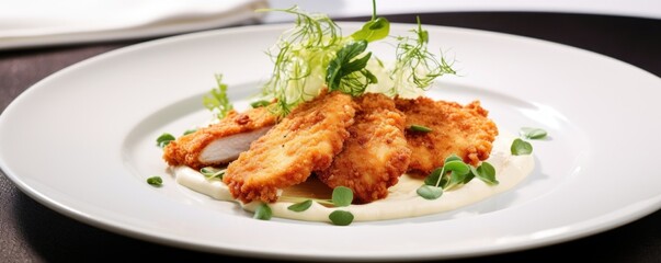 The impeccable presentation of the Chicken Schnitzel showcases the chefs attention to detail, with each piece expertly pounded thin and evenly coated for an ideal bite.