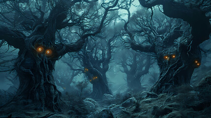 A haunted forest with twisted trees and glowing eyes