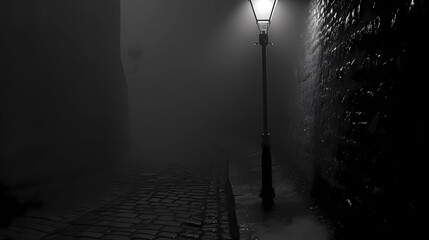 A lone streetlamp in a misty alley - obrazy, fototapety, plakaty