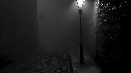 Afwasbaar Fotobehang Smal steegje A lone streetlamp in a misty alley