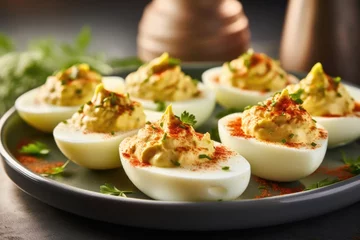 Fotobehang These deviled eggs are a vegetarians delight. The creamy yolk filling is rep with a luscious blend of mashed avocado and lime juice, creating a creamy and tangy experience. Topped with a © Justlight
