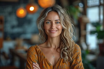 Obraz premium Close-up portrait of a beautiful young blonde woman smiling and looking at the camera 