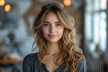 Obraz premium Close-up portrait of a beautiful young blonde woman smiling and looking at the camera 