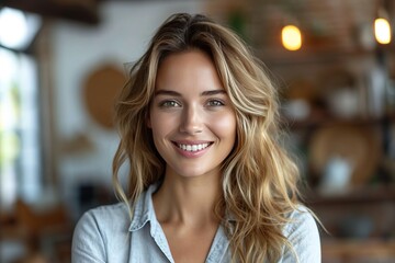 Close-up portrait of a beautiful young blonde woman smiling and looking at the camera
