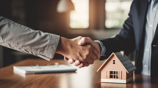 Real estate agent shaking hands with customer after signing contract for buying house.