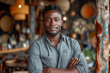 Fototapeta premium Close-up corporate portrait of a young black man looking at the camera 