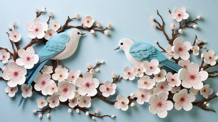 Fototapeta premium Cherry blossoms and blue birds on blue background, top view