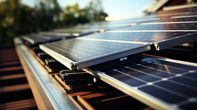 Solar panels installed on the roof of a house, close-up