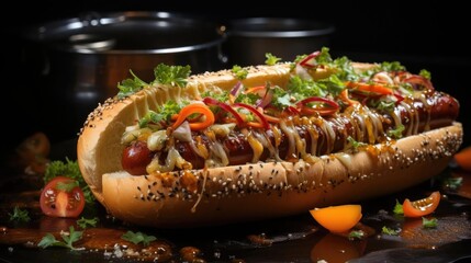 hotdog with a large sausage filled with melted mayonnaise and a sprinkling of chopped greens - obrazy, fototapety, plakaty
