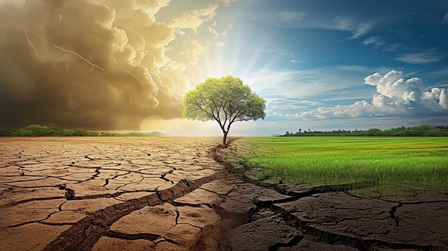 Agricultural areas are changing from green to barren land due to global warming, Climate Chane, Generative Ai