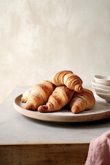 Minimal Rustic Delectable French Pastry Croissants On Wooden Table With Bowls. Morning Breakfast, Table Backdrop. Neutral Color, Beige, Tan, Cream, White. Minimalist Simple Style Food Photography. 