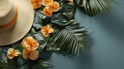 top view of summer background with topic concept and tropical plants for banner or poster