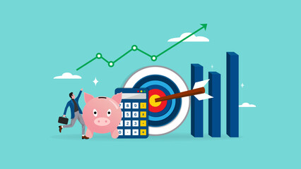 Obraz premium happy businessman planning his financial with piggy bank grow chart, financial planning, money allocation, balance between income and investment, investment management, saving money or salary