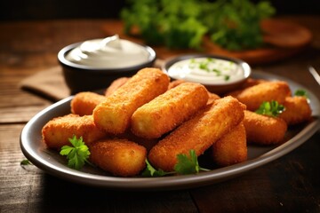 Each bite into these fried mozzarella sticks is met with a satisfying crunch, unveiling a soft and gooey filling that will leave you wanting more. - obrazy, fototapety, plakaty