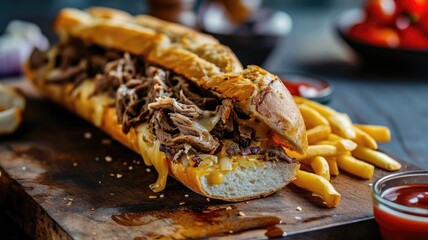 Cheesy beef sandwich with fries on a wooden board - obrazy, fototapety, plakaty