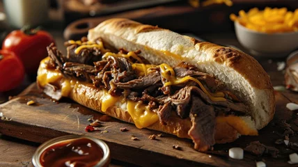 Poster Cheesy steak sandwich on wooden board with sauce © Artyom