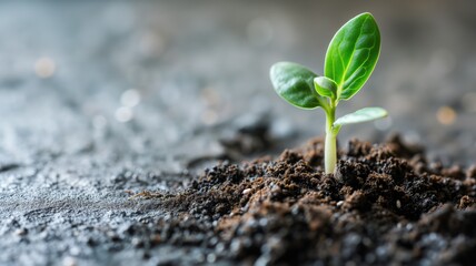 Sprouting seedling in soil with a blurred background