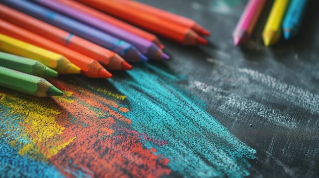 Vibrant colored pencils on dark background with scattered shavings