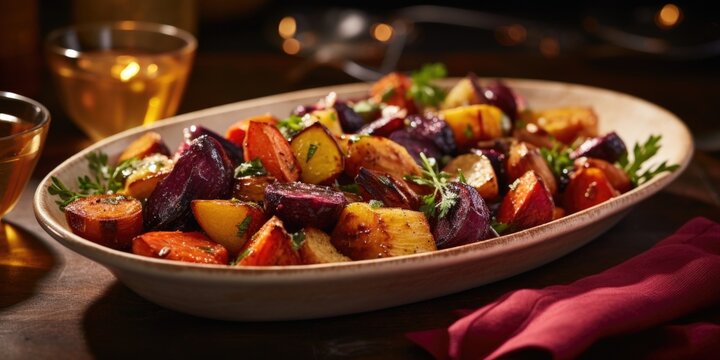 Glistening under a golden glaze, roasted root vegetables showcase their luscious caramelized exteriors and ery interiors. Bites of velvety purple beets, honeyglazed carrots, and crispy pars