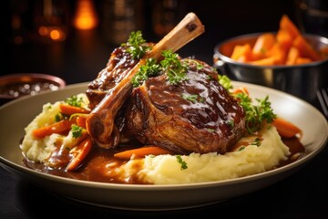 A hearty British classic, a slowbraised lamb shank sits atop a mound of silky mashed pars and is accompanied by savory saut ed cabbage, roasted carrots, and a drizzle of rich pan gravy. - obrazy, fototapety, plakaty
