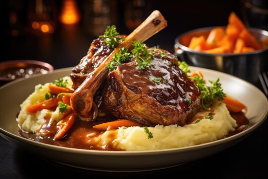 A hearty British classic, a slowbraised lamb shank sits atop a mound of silky mashed pars and is accompanied by savory saut ed cabbage, roasted carrots, and a drizzle of rich pan gravy.