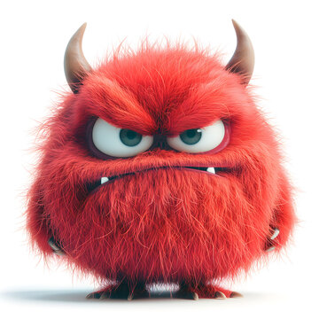Grumpy red fuzzball monster with horns and glaring eyes, a humorous character