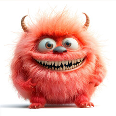 Fototapeta premium Cheery red furry monster with horns and a big smile