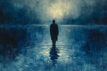 A serene man wading in tranquil indigo waters, the rich hue echoing the deep calmness of the open sky, creating a peaceful and harmonious atmosphere.