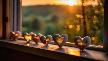 Obraz na płótnie Canvas 夕日が差し込む窓辺に、小さなハートのオブジェが並んだバレンタインをイメージしたAI画像