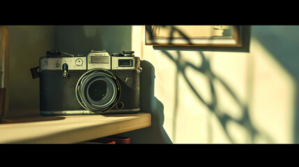 A vintage camera on a shelf