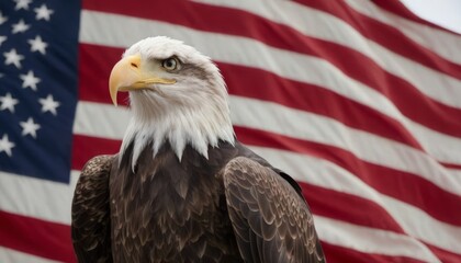 A white-headed eagle soars against the background of the American flag. The symbol of the USA, the concept of America's Independence Day.