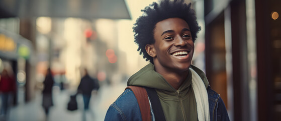 A joyous African American man strolling through the city streets, his face beaming with a broad and infectious smile.