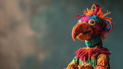 Colorful knitted bird figure against a soft-focus teal background