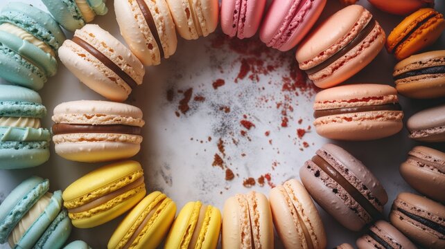 Assorted macarons displayed in a circle with crumbly texture