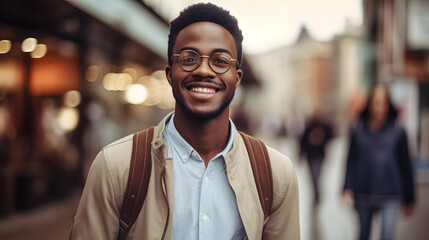 Fototapeta premium With contagious happiness, an African American man walks happily through the city, his big smile brightening up the surroundings.