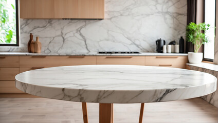 Empty round marble tabletop counter on interior in clean and bright kitchen background.