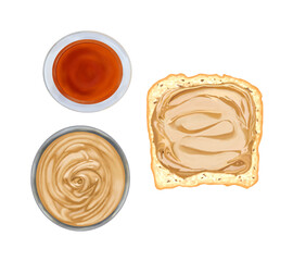 Bread with peanut butter an a cup of tea, peanut butter, bread and tea,