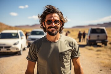 Photo Realistic of a Man on a Road Trip in Jeans and a Vintage Graphic Tee, Generative AI