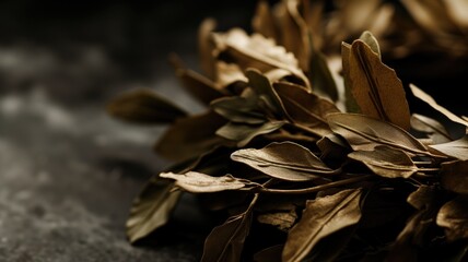 Close-up of dried bay leaves on a dark surface