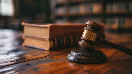 Gavel on wooden table in a law library - obrazy, fototapety, plakaty
