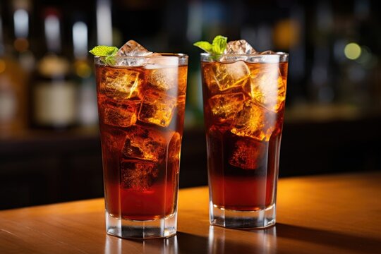 Two elegantly curved glasses rest side by side, each holding a generous serving of enticing sugary iced tea that invites you to quench your thirst.