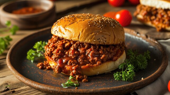 Sloppy joe on a sesame bun with side sauce