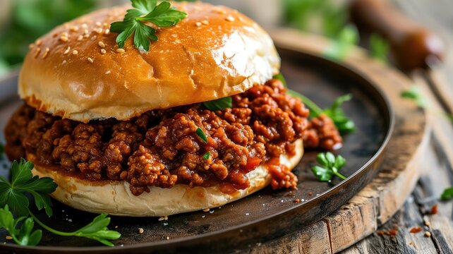 Sloppy joe sandwich with parsley on rustic plate
